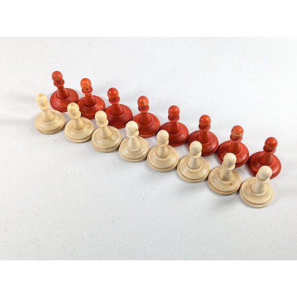 Rare antique bone chess pieces red and white complete playing set, Vintage - Picture 8 of 10